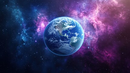 Obraz premium A stunning view of Earth floating in the cosmos, surrounded by vibrant purple and blue nebulas, showcasing the beauty of our planet in deep space.