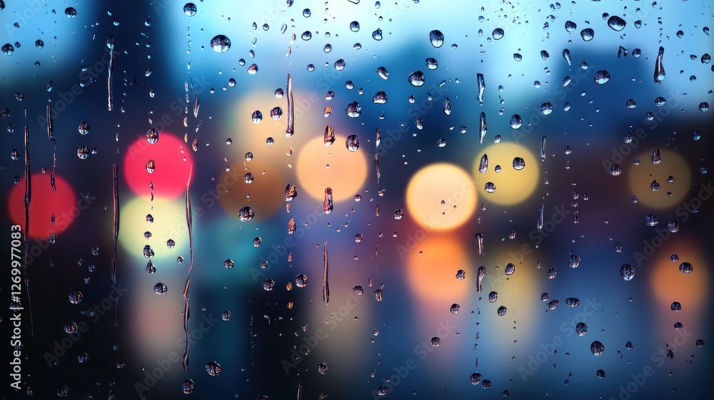 Poster raindrops on window with city lights creating a bokeh effect backdrop