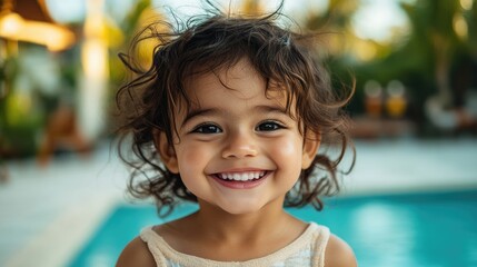 Cheerful child with curly hair smiles brightly near pool, surrou