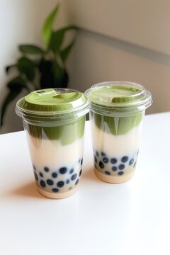 Delicious layered drink with creamy matcha, milk, and chewy tapi