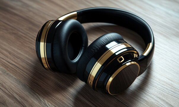 Elegant black and gold headphones resting on a sleek wooden surface, capturing modern technology with luxury design