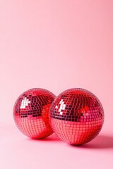 Shiny disco balls reflect light against soft pink backdrop, crea