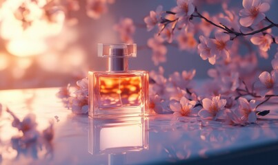 Elegant perfume bottle resting on a marble vanity, surrounded by blooming flowers and soft lighting