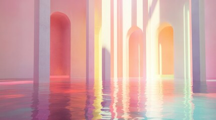 A serene, dreamlike architectural space with pastel-colored walls and reflections on the water, creating a soothing and ethereal atmosphere.