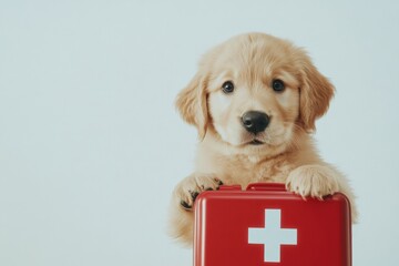 Golden retriever puppy holding first aid kit, pet care and veterinary concept
