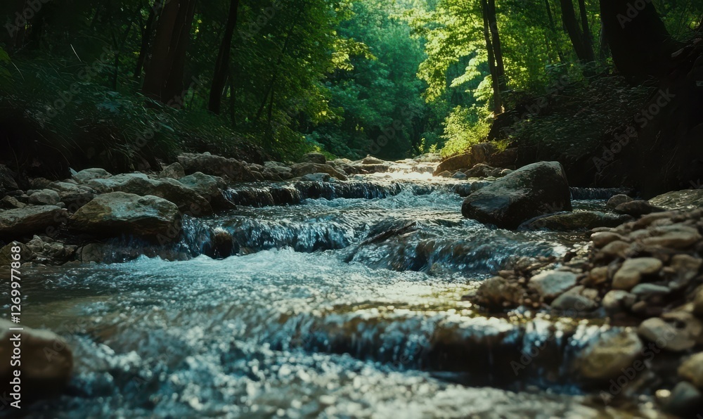 Poster flowing river cascading over smooth stones, capturing the dynamic motion and peaceful atmosphere of 
