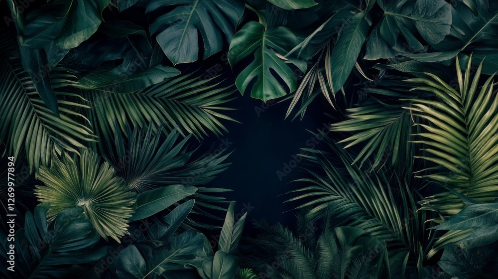 Poster green banana leaves intertwine with various palm fronds, creating a rich tapestry of textures and sh