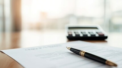 Document and pen resting on wooden table, with calculator in sof