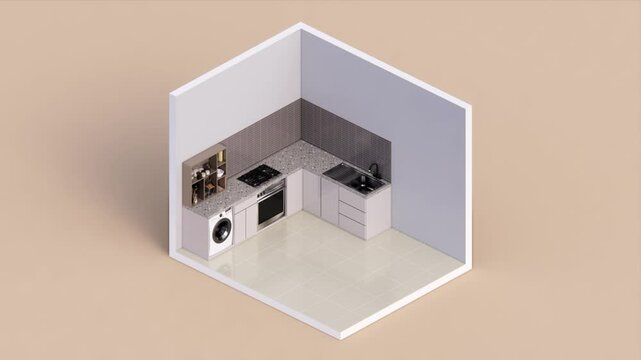Isometric view kitchen room open inside interior architecture 3d rendering&nbsp;digital&nbsp;art