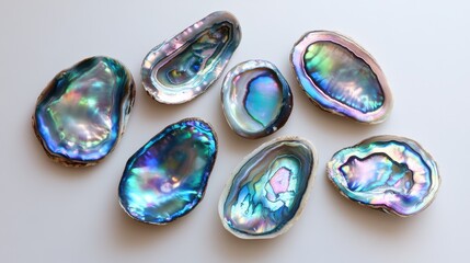 Fototapeta premium A collection of shiny, iridescent abalone shells showcasing stunning colors and textures, arranged artistically against a neutral background.