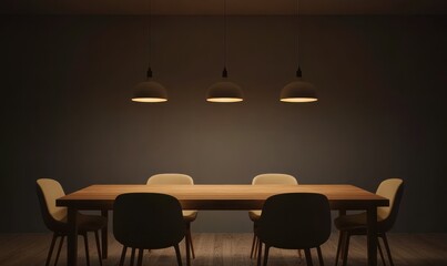 Minimalist dining space with a sleek wooden table, beige chairs, and pendant lights casting a golden glow.