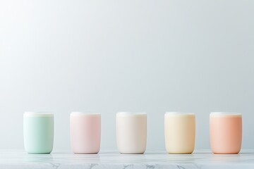 Soft pastel cups arranged in line against minimalist background,
