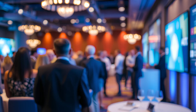Blurred Corporate Event Reception - Reception area of a corporate event with attendees blurred in the background. Bussiness party 2