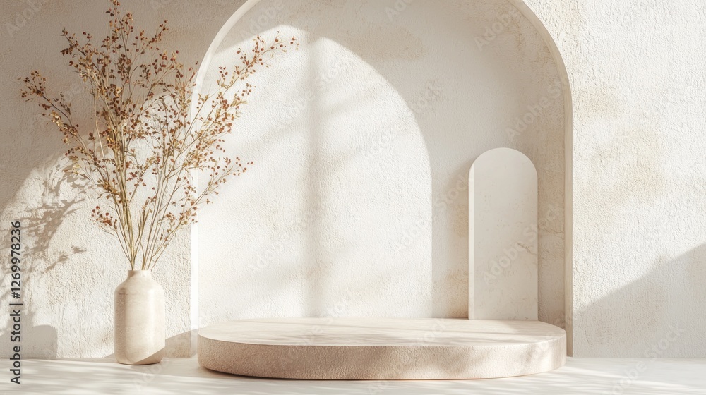 Poster Soft natural light filters through, casting gentle shadows on the smooth podium in a minimalistic setting. A vase of dried flowers adds warmth to the tranquil atmosphere, ideal for artistic displays