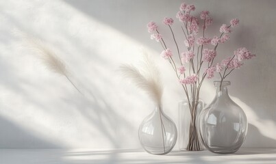 Minimalist glass vases with delicate pampas grass and soft pink blossoms, placed on a textured surface with neutral tones for an elegant decor theme.