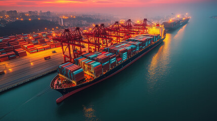 Naklejka premium Container ship docked at a busy port during sunset with vibrant colors illuminating the scene