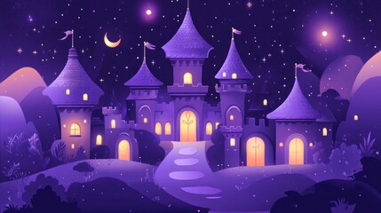 Fototapeta premium Enchanting Purple Castle Under the Starry Night Sky Landscape Illustration
