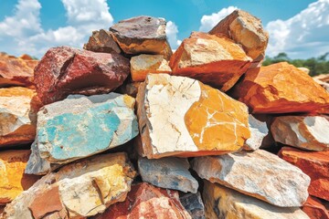 Shattered concrete segments contrast with the blue sky and gray cloud formations in the background