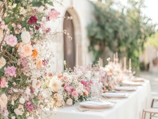 Fototapeta premium Elegant wedding table setting with floral decorations and pastel color palette
