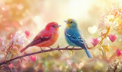 Two colorful birds perched on a branch surrounded by hearts and blossoms in soft light