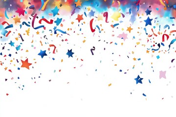 Multi-colored candies and festive ribbons in the form of a frame on a white background. Arch made of confetti. Celebratory birthday banner