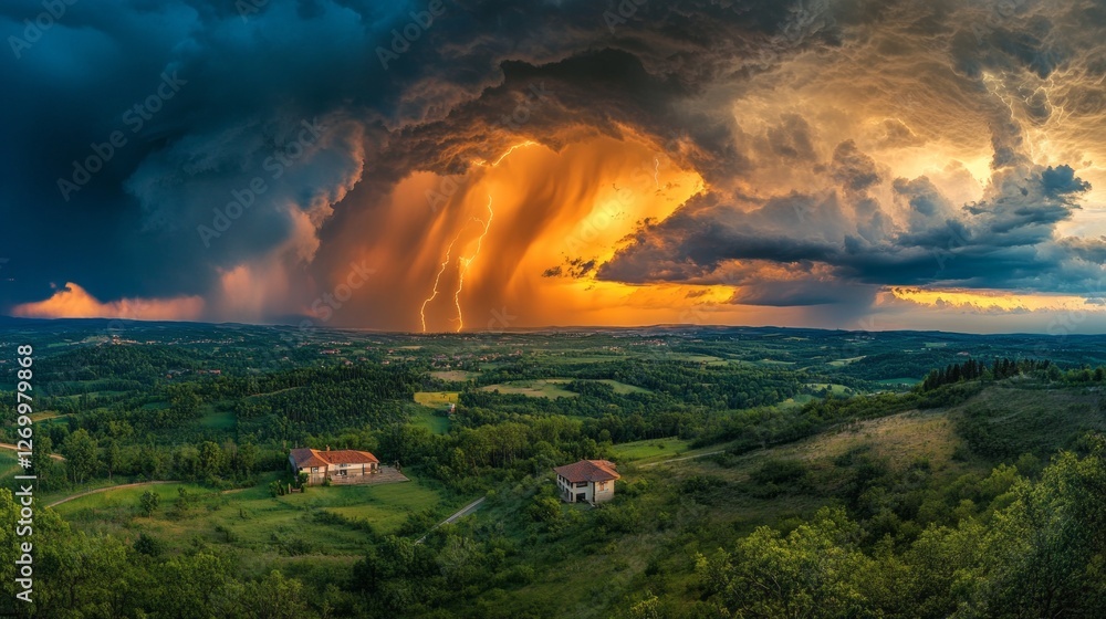 Poster dark clouds tower above idyllic houses as a powerful lightning storm unleashes its fury, casting an 