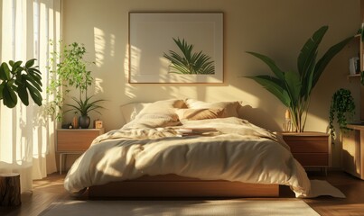 Cozy sunlit bedroom with soft beige bedding, a wooden nightstand, and indoor plants adding warmth and serenity.