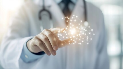 Doctor interacting with digital network in hospital background, for medical technology stock photo