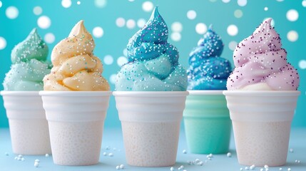 Colorful soft serve ice cream cups, pastel background, sprinkles, dessert