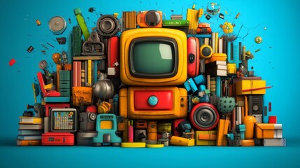 Fototapeta premium Neon-flickered office folders crumbling into small parts