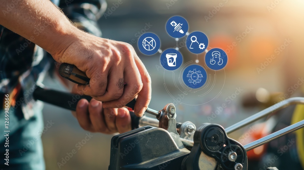 Poster man repairs motorcycle handlebar with icons showing process steps