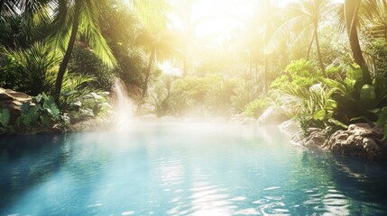 Tropical Oasis Poolside Paradise: Lush Jungle Waterfall Scene