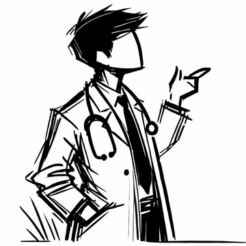 Doctor with Lab Coat and Stethoscope &ndash; Black and White Sketch-Style Illustration