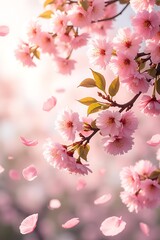 Obraz premium Cherry blossoms with falling petals in soft sunlight on a blurred garden background