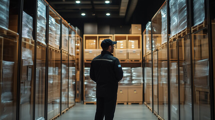 Fototapeta premium Worker inspects organized storage area in modern warehouse during evening shift with packed boxes visible