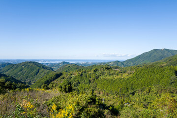 Obraz premium The mountains above Tanabe in Asia, Japan, Kansai, Tanabe, in summer, on a sunny day.