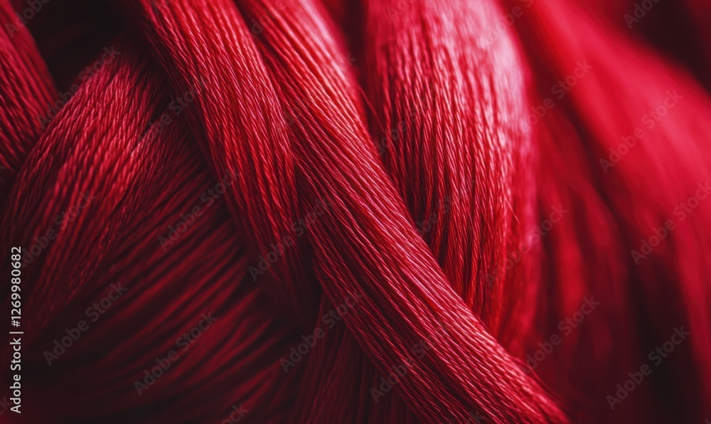 Aufkleber creative macro shot of vibrant red threads woven tightly together, soft light creating depth and tex