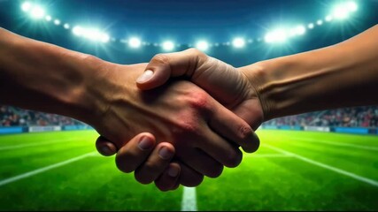 A handshake signifies fair play against the backdrop of a sports stadium. Concept of: Sportsmanship.