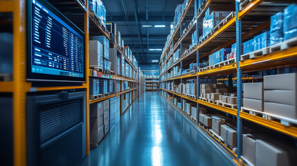 Fototapeta premium Warehouse interior with organized shelves storing various packages and products in a well-lit environment