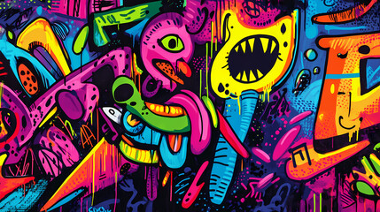A visual celebration of pop art's rebellious spirit through a thrilling display of graffiti art featuring bold neon splashes and chaotic abstract doodles. Neon Graffiti Spirits. Illustration