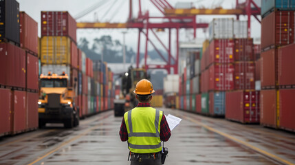 Worker oversees container operations at shipping port during overcast morning
