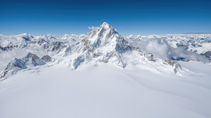 Obraz premium Majestic snow-covered mountain peak rises above a vast alpine range under a clear blue sky during a bright winter day.