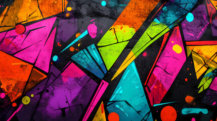 Fototapeta premium Abstract graffiti art with vibrant splashes of neon colors and chaotic geometric patterns on a textured surface, evoking the spirit of urban expression. Neon Graffiti Spirits. Illustration