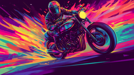 An energetic and vivid illustration featuring a motorcyclist against a backdrop bursting with a spectrum of vibrant hues. Neon Graffiti Spirits. Illustration