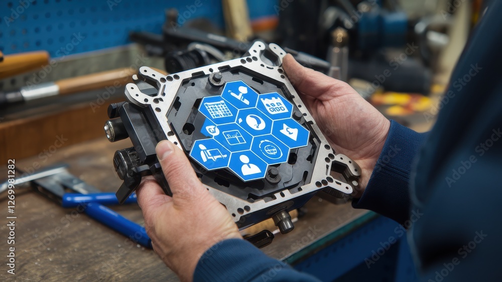 Poster man holds complex metal part with interface icons inside