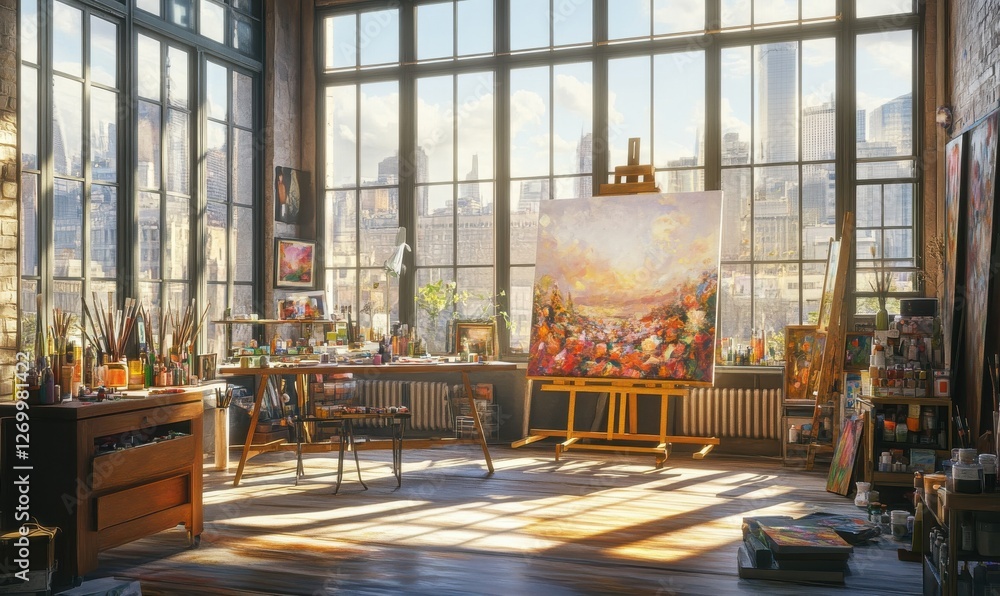 Poster Creative workspace with vibrant paints, brushes, and a large canvas in progress, flooded with soft morning light from large window