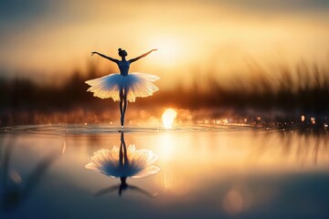 Ballerina dancing on water at sunset reflecting in the lake
