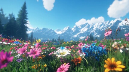 Obraz premium Vibrant Wildflower Meadow with Snow-Capped Mountains in the Background