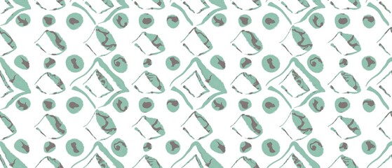 Seamless abstract geometric pattern with squares, stains, dots. Green, gray, white colors. Illustration. Chaotic texture. Design for textile fabrics, wrapping paper, background, wallpaper, cover.