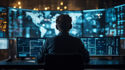 Person analyzing data on multiple screens in a modern control room during night hours